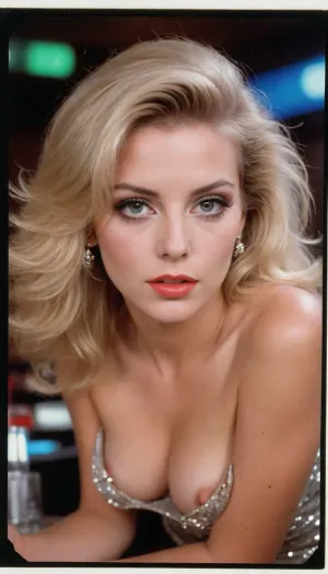 ziprealism, (1980s disco star, fierce attitude, seductive pose, 1980 fashion:1.6), (intimate analog snapshot esthetic, analog photo, rounded picture border, scanned photograph, sharp focus, medium closeup, focus on eyes:1.8), (ash blonde hair, 1980 hair style, glam hair, feathered hair:1.6), (livid lipstick:1.2), (night club bar, 1980 decor:1.6), (masterpiece, best quality, 8k, RAW photography, award-winning, uncompressed, maximum quality), (professional color grading:1.2), (softly blurred background, soft bokeh), (natural skin texture, realistic skin details, subtle vellus hairs), (maximum clothing detail), (maximum hair detail, natural hair texture), (perfect eyes, maximum eye detail, expressive eyes, realistic eye texture:1.4), downblouse, nipslip, <lora:RealDownblouseXL2:.8>
