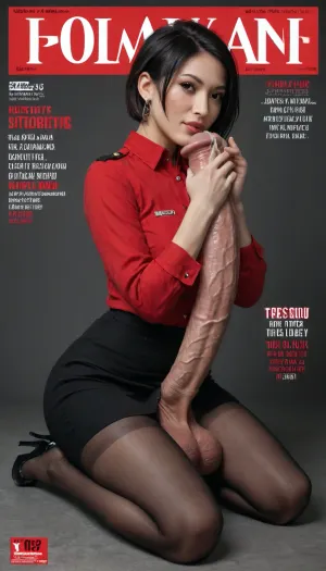 radiant high contrast bright colours, (Magazine cover "Ada Wonk":1.3), (intricate detail Ada Wong face), (18 year old young adult woman), futanari, 1girl solo, posing, pleased smirk expression, kneeling, (focus detail holding a dark red gigantic futa penis in both hands), kissing penis tip, (detail giant red veiny equine penis:1.2), cum leaking, (detail wearing a plain standard police uniform, pencil mini skirt, black pantyhose), (detail black very high platform high heel shoes:1.2)