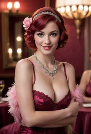 Canadian dancer, 1920s flapper style, red hair, red dress, halter top, lace trim, ((large breasts)), smiling, dimly lit, plush, romantic restaurant, wine red walls, pink lampshades, tables with white tablecloths, detailed background, (feather boa), (pink rose hair ornament), cinematic lighting, close-up