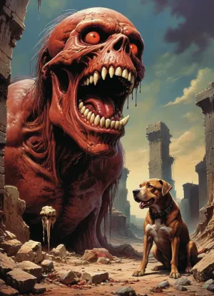 Apocaliptic world, ruins, dog, red eyes, saliva, gnawing large bone, style, of, drawix9, dwx9, NEGATIVE_HANDS, Richard, Corben, Style, <lora:tbh235-sdxl:.8>, <lora:drawix9:.8>, <lora:Richard Corben Style:.8>