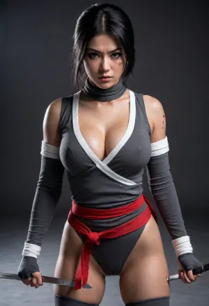 Kunoichi, dusty attic, sheathed katana, (wrapped white bandages on arms), ((tight-fitting dark gray ninja outfit with torn/ripped design)), ((large breasts)), gray fabric ninja mask, red ribbon in her black hair, (exaggerated features), determined/intense expression, (deep cleavage), mid-shot