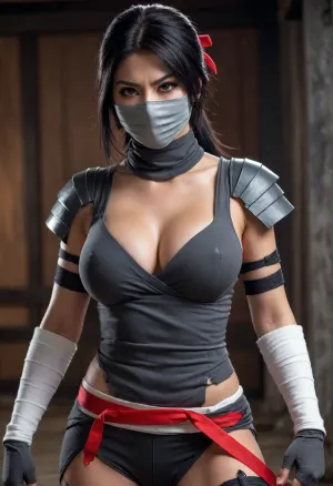 Kunoichi, dusty attic, sheathed katana, (wrapped white bandages on arms), ((tight-fitting dark gray ninja outfit with torn/ripped design)), ((large breasts)), gray fabric ninja mask, red ribbon in her black hair, (exaggerated features), determined/intense expression, (deep cleavage), mid-shot