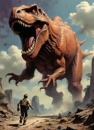 floating, Man running before tyrannosaur, style, of, drawix9, dwx9, NEGATIVE_HANDS, Richard, Corben, Style, <lora:tbh235-sdxl:.8>, <lora:drawix9:.8>, <lora:Richard Corben Style:.8>