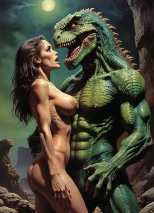 masterpiece, big lizardman holding breast frightened woman, ripped latex suit, style, of, drawix9, dwx9, NEGATIVE_HANDS, Richard, Corben, Style, <lora:tbh235-sdxl:.8>, <lora:drawix9:.8>, <lora:Richard Corben Style:.8>