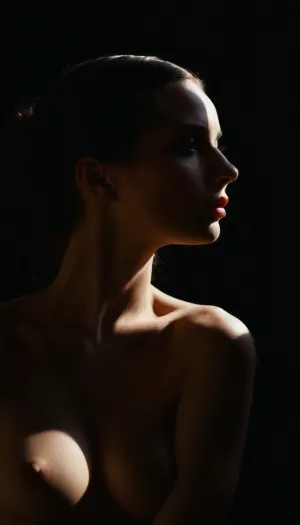 ziprealism, seduction, desire, romance, sensual anticipation, intimacy, foreplay, topless, feminine form, (avant-garde snapshot aesthetic, portrait in profile:1.4), (dark, chiaroscuro, low-key:1.2), (deep saturation, film grain, shadowy vignetting, contrasting shadows, shadow play), (perspective, framing, composition), (light leaks, bokeh), (perfect eyes, catchlights, bold colorful makeup), <lora:zavy-cntrst-sdxl:1.4>