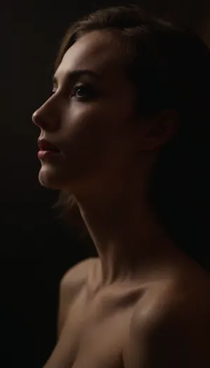 ziprealism, seduction, desire, romance, anticipation, intimacy, foreplay, topless, feminine form, (avant-garde snapshot aesthetic, portrait in profile:1.4), (dark, chiaroscuro, low-key:1.2), (deep saturation, film grain, shadowy vignetting, contrasting shadows, shadow play), (perspective, framing, composition), (light leaks, bokeh), (perfect eyes, catchlights, bold colorful makeup), <lora:zavy-cntrst-sdxl:1.4>