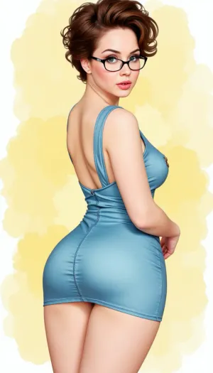 Whimsical watercolor portrait of curvaceous 49-year-old Russian female teacher in a sky-blue formal mini dress with Dark short curly hair, glasses, angry, bright makeup, ((very full lips)), ((pantylines)), huge green eyes, view from behind, Soft, diffused lighting, yellow pastel background. Art Nouveau/animation style, visible brushstrokes. Wide-angle.