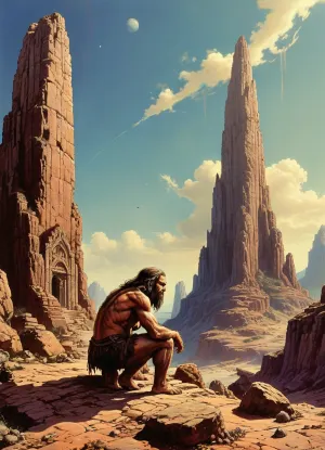 masterpiece, caveman with javelin crouching before large, ornamented monument, style, of, drawix9, dwx9, NEGATIVE_HANDS, Richard, Corben, Style, <lora:tbh235-sdxl:.8>, <lora:drawix9:.8>, <lora:Richard Corben Style:.8>