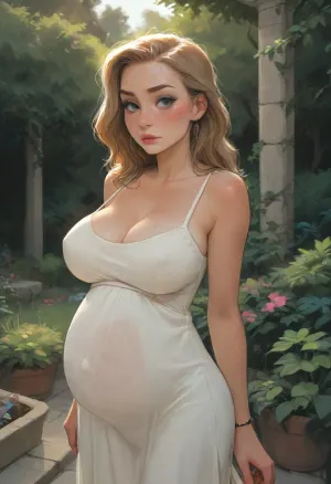 Drawing of blonde babe, in garden with friends, long blonde hair, light makeup, (freckles), ((large heavy breasts)), huge breasts, wearing a long light brown sun dress, body conforming dress, (wide hips), (pregnant:1.1), (slim), ((ratatatat74)), Anime, (Outline), (65 year old grey hair man in professional cloth holding woman), (cartoon), tooned, low color palette, sexy, (hentai), painted, (illustration), made in adobe illustrator, no gradients, ((incase style)), concept art, (flat colors), aidxlv05_neg, <lora:outline_xl_kohaku_delta_spv5x:.7>, <lora:cartoon_stickers_xl_v1:.6>, <lora:287175_training_data:1.5>, <lora:Animated_Concept:.5>, <lora:samdoesart_style_xl_v1:.5>