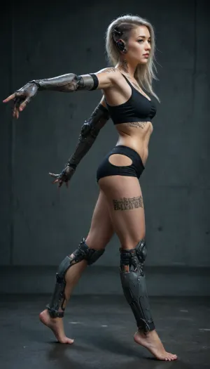 ((Asian cyborg girl:1.5)), (robotic ears, green and blue robotic arms, purple robotic legs and feet), arm sleeve tattoos, many leg tattoos, many thigh tattoos, neck tattoo, many face scars, many leg scars, many body scars, many piercings, bellybutton piercing, (30B perky human breasts), blue eyes, pink lips, platinum hair in high ponytail cyberpunk city, (sexy standing pose, side view), wearing white Valkyries sports bra, wearing black tight shorts, <lora:BUT_SDXL_SHS:.5>, <lora:289505_training_data:.5>, <lora:add-detail-xl:.5>, <lora:DetailedEyes_V3:.5>