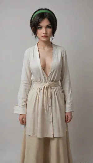 (masterpiece, best quality:1.2), full body, lyco, (atla_tophbeifong-10:1), cowboy shot, solo, 1girl, Super well build figure, toph beifong, blind, expressionless, short hair, hair bun, hairband, Lots of cleavage, grey eyes, (little_girl), School girls uniform, chara-sheet, masterpiece, best quality, (Front and back view), 360 degree view, (simple backgound), <lora:atla_tophbeifong-10:.5>, <lora:TOPH-V2:.5>, <lora:character-sheet-03:.7>