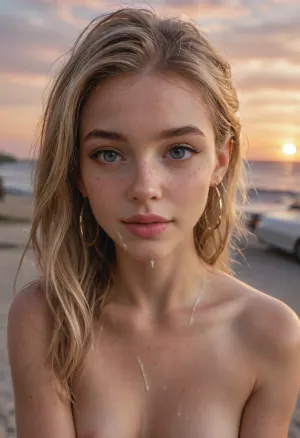 ((light passes through)), Cum on face, cum falling lips, ((gelatinous cum texture)), Blonde 19 years old, hand in hair, (freckle on the cheekbones 1.5), (parking night club miami beach), (((sunset 1.8))), ((teenager 1.8)), athletic body, rounded buttocks, (((skinny))), arched, very very petite, makeup, (gold earing loop), strapless, ((pink lip gloss)), ponytail, smile, perfect face définition, dark purple shadows, 4ng3l, face, Maya, <lora:SDXL_BetterFaces-LoRA_v1:.8>, <lora:469839_training_data:1.2>, <lora:Ann7:1.7>