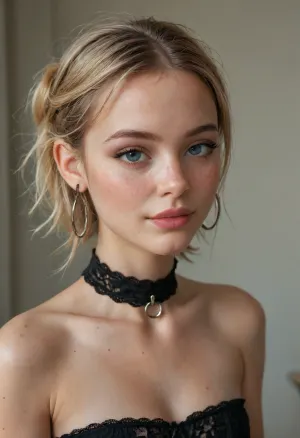 Tatoo, Blonde 19 years old, (freckle on the cheekbones 1.5), ((teenager 1.8)), athletic body, rounded buttocks, (((skinny))), arched, very very petite, makeup, (large earing loop), gothic lace collar, (black transparent strapless), ((lip gloss 1.6)), smile, perfect face définition, 4ng3l, face, Maya, fluxenh4nce, <lora:SDXL_BetterFaces-LoRA_v1:.8>, <lora:469839_training_data:1.2>, <lora:Ann7:1.7>, <lora:FLUXEnh4nce:1.2>