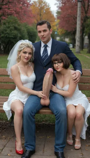 masterpiece, award winning photo, best quality, in this photo we see 3 people, 2woman and 1man, sitting on a bench in a park. 1woman is tiny Velma, brunette, big tits, very torn school uniform, very short skirt. 2woman is a bride, blonde, huge tits, very torn wedding dress. 1man is casual dressed, open jeans, huge cock out, massive cock, gigantic cock, (massive cock:1.3), .
Man is sitting between tiny Velma and Elsa. tiny Velma has her hand on cock, cum on hand, cum on legs, cum on clothes, lots of cum, cum on breasts, extreme cum play, cum on thigh, cum on hair, cum on face, cum dump, excessive cum, huge creampie.
Elsa is hugging man. full body view, man is full in frame, <lora:tornclothesv6-8:.8>