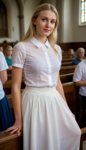 beautiful sexy slender 21 year old Mormon woman with blond hair and blue eyes. Posing in a white seetrought blouse and She has a long skirt around her waist. She is in a church. She is very pretty., natural small breasts, <lora:sagging-000015:.8>