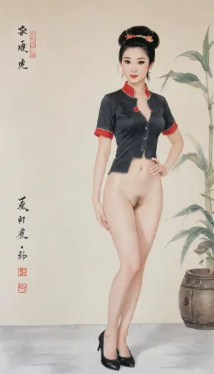 1girl, Chinese female stewardess, (nude, naked:1.5), full body view, (stewardess professional uniform torn open), white short sleeve shirt, dark red waistcoat, dark blue pencile skirt, white underpanties, white bras, (traditional Chinese gongbi painting style:1.3), (Chinese guohua style:1.2), delicate and intricate details, (elegant pose:1.2), (stewardess's black flat heels:1.2), small square scarf, (dense thick pubic hair, embarrassed, shameful expression:1.4), (short black hair, stewardess hairstyle, hair bun:1.3), (pale smooth skin:1.2), (subtle ink wash shading:1.3), (fine brushwork:1.3), (traditional Chinese art aesthetic:1.2), (minimalist background:1.2), (bamboo and orchid motifs:1.1), (soft muted colors:1.2), (calligraphic elegance:1.1), highres, ultra-detailed, 8k wallpaper, (realistic proportions:1.2), (solo:1.2), lora, (gongbiPainting:.8), (ancientChineseFemale:.6), MOGUHUANIAO, <lora:Chinese painting_shinvhua_国画_仕女_V1.0XL:1.9>, <lora:mogu-painting-花鸟篇-sdxl_v1:1.5>