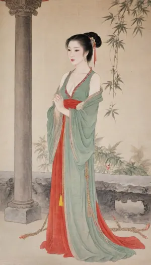 Chinese Gongbi painting style, ultra-detailed, intricate brushwork, vivid yet somber colors, historical scene, year 1127, Jingkang Incident, Princess Roufu Zhao Duofu, Emperor Huizong's most beloved file, 18 years old, fair skin like jade, eyes like stars, usually elegant and beautiful, (now disheveled with hair loose, torn clothing exposing her shoulder, half nude, naked, hands bound behind her back with rough hemp rope:1.3), standing amid the ruins of a palace, watching Jin soldiers' iron hooves trample her once-playful garden, expression of shame and fear, chaotic and tragic atmosphere, traditional Chinese palace ruins, broken pillars and scattered flowers, dim lighting with eerie shadows, subtle ink wash details, vibrant reds and greens fading into muted grays, historical accuracy, dramatic composition historical accuracy, cinematic composition historical accuracy, cinematic composition, lora, (gongbiPainting:.8), (ancientChineseFemale:.6), hanfu, MOGUHUANIAO, <lora:Chinese painting_shinvhua_国画_仕女_V1.0XL:.5>, <lora:mogu-painting-花鸟篇-sdxl_v1:1.8>