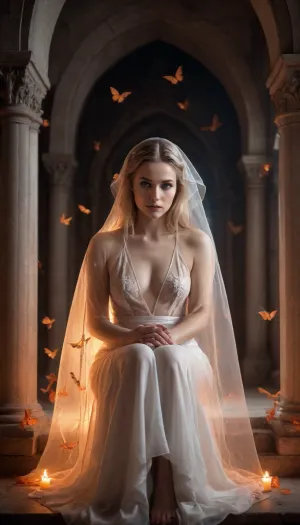 seductive priestess in transparent robe, sitting in gothic crypt, surrounded by glowing orange moths, black and white environment, high contrast, cinematic gothic fantasy, soft light, erotic tension, spiritual mood