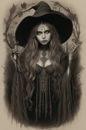 A detailed, sepia-toned Gothic-style drawing. It depicts a toplees witch with long, wavy hair, wearing a pointed, leaf-decorated hat and a tattered cloak. Her face is painted grotesque. Surrounding her are skulls, bats, and twisting, thorny vines, creating a macabre, eerie atmosphere. The background is densely filled with intricate, organic patterns. Dark, mystical atmosphere. topless. #©KITTYART

























#©KITTYART