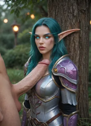 (Night elf woman, warcraft:1.1), (night elf armor, shoulder armor), sucking a huge cock, jeweled armor, lavender armor with golden boardering, (leaning against a tree), (extremely long hair), (glowing eyes:1.45), blue eyes, (ambient glow:1.2), ((long pointed ears, elongated eyebrows)), (teal hair), (flat woman chest:.55), covered breasts, (athletic physique:1.4), (leather pants:1.1), (pale blue skin:1.6), ((puffy lips)), (glossy lips, wet lips, shiny lips), (full lips:1.5), (elven face markings), dynamic pose, magical forest, at night, cool ambient lighting, dynamic lighting, huge thighs, (arched back), (quiver full of arrows), (((sad))), Realistic photo of a night elf with a natural, even skin tone, highlighting the beauty of simplicity.