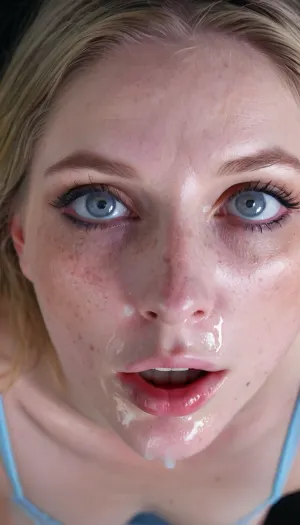 close up of a woman's face, ruined make up 1.9, cum on her lips, freckles, realistic pic taken with iphone, 8k, detailed, dark blonde hair, seductive eye contact, grey-blue eyes 0/8, cum in eyes and ruined makeup running down