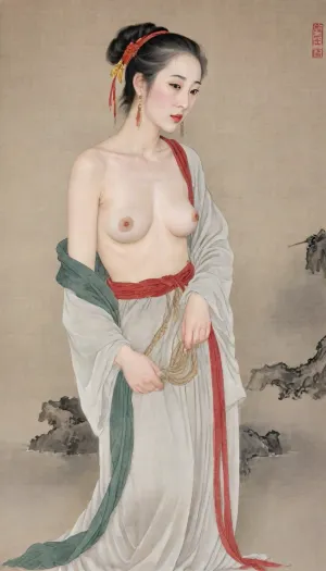 Chinese Gongbi painting style, ultra-detailed, intricate brushwork, vivid colors, historical scene, (Song dynasty royal woman 60+, wrinkles, grey hair:1.2), naked, nude, vivid yet somber colors, year 1127, Jingkang Incident, Princess Roufu Zhao Duofu, Emperor Huizong's most beloved file, 18 years old, fair skin like jade, eyes like stars, usually elegant and beautiful, (now disheveled with hair loose, torn clothing exposing her shoulder, half nude, naked, hands bound behind her back with rough hemp rope:1.3), messy long hair, a dirty raw sheepskin draped over her shoulder, neck tied with a long rope held by an ancient ethnic minority soldier in traditional costume, shameful embarrassed submissive surrender expression, crying, tears, head bowed, dim lighting with eerie shadows, subtle ink wash details, vibrant reds and greens fading into muted grays, historical accuracy, dramatic composition historical accuracy, cinematic composition historical accuracy, cinematic composition, lora, (gongbiPainting:.8), (ancientChineseFemale:.6), hanfu, MOGUHUANIAO, <lora:Chinese painting_shinvhua_国画_仕女_V1.0XL:1>, <lora:mogu-painting-花鸟篇-sdxl_v1:1.8>