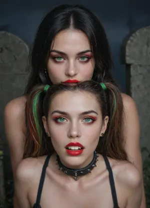 (((two 18 year old vampire girls))), midevil, light green eye, one with black hair with rainbow hair, pigtails, red lipstick, vampire, vampire teeth, in a dark graveyard, bound in chains, pale skin, pale, skin, <lora:Pale_Skin_SDXL_v1.0:.8>, supermodel, face, big, lips, <lora:Beautify-Supermodel-SDXL:.8>, <lora:ahxl_v1:.8>