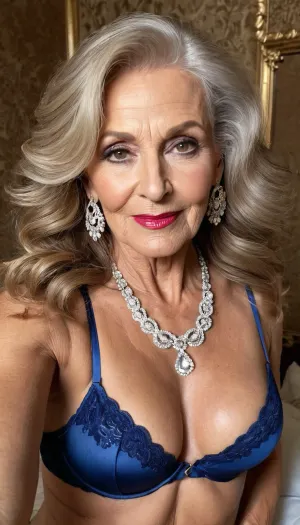 old granny mature, sexy 70 years, dark blonde, long wave hair, tan skin, very glamour, huge hoop earrings, necklace, heavy make up, heavy make up on eyes, thin, tiny little tits, at the fancy room, selfie face focus, looking at the camera, very cute lovely flirting shy smile face, charming, very hot and horny, royal blue/white sexy bra lingerie