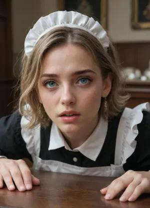 maid on the dining table, she is scared and in pain