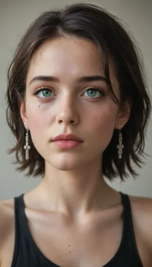 young 18 years old slender slut., ((green eyes)), crying, black hair