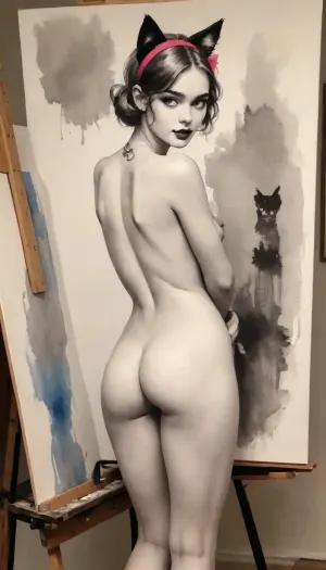 (style of watercolor and ink on pure cotton paper), 1920s theme, (black and white ink drawing scene of front nude woman who is a furry painting at an easel), ((the image on the canvas is a vibrant woman with cat ears1 in various styles and colors)), drawix22, dwx22, <lora:Ink_and_watercolor_sketch:1.5>, <lora:watercolor_v1_sdxl:1.4>, <lora:drawix22:1>