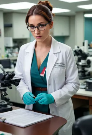 Ms. Gloria, female scientist, in a lab setting, (open white lab coat), (dark teal/green top underneath), ((massive breasts)), ((deep cleavage)), dark navy blue skirt, (reddish/brown hair in a bun), (exaggerated proportions), makeup, glasses, looking thoughtfully at a microscope, holding a clipboard with documents, brightly lit lab setting, microscope and lab equipment are present, background includes some other indistinct lab furniture/equipment, suggestive pose