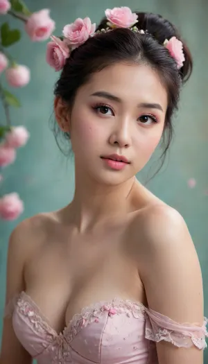Young, naked Asian woman with a delicate, thoughtful expression. Soft, light pink makeup enhances her features. Dark, shoulder-length hair is styled in a bun adorned with delicate, pink flower arrangements. She wears a light, rose-pink, lacy bodice dress with small, glittering accents and water droplets suggesting a slightly wet or dewy texture. The dress style is delicate and romantic, with a corset-like bodice. Her nails are a matching pinkish-purple shade. The background is a muted teal-gray, with a soft, subtle shower of floating pink flower petals and hearts, creating a dreamy romantic atmosphere. The lighting is soft and focused on the subject's face and upper body. The image captures a serene, graceful mood, emphasizing beauty and elegance. The composition is centered on the subject, with a slight downward angle, making the subject seem introspective and graceful. Soft focus on the subject's face. The image evokes a delicate, romantic feel, hinting at a springtime or flower-themed aesthetic. Pastel, romantic style.