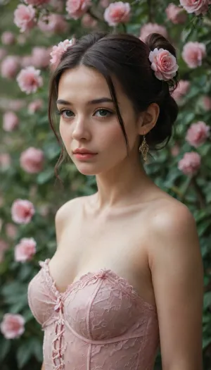 Young, naked Asian woman with a delicate, thoughtful expression. Soft, light pink makeup enhances her features. Dark, shoulder-length hair is styled in a bun adorned with delicate, pink flower arrangements. She wears a light, rose-pink, lacy bodice transparent dress with small, glittering accents and water droplets suggesting a slightly wet or dewy texture. The dress style is delicate and romantic, with a corset-like bodice. Her nails are a matching pinkish-purple shade. The background is a muted teal-gray, with a soft, subtle shower of floating pink flower petals and hearts, creating a dreamy romantic atmosphere. The lighting is soft and focused on the subject's face and upper body. The image captures a serene, graceful mood, emphasizing beauty and elegance. The composition is centered on the subject, with a slight downward angle, making the subject seem introspective and graceful. Soft focus on the subject's face. The image evokes a delicate, romantic feel, hinting at a springtime or flower-themed aesthetic. Pastel, romantic style.