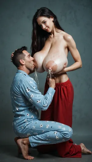 super-realistic photo, (stands straight:1.2), long hair, (woman skinny body:1.2), ((adult man, 30yo, man on knees, man's head under breast, jaw fully opened, mouth latched to nipple, sucking her nipples, (breastfeeding:1.25), (suckling:1.05))), (hyper huge areolae:1.1), night, medium light, ((hyper saggy lactating breast:1.3), (hyper long breast:1.33), (very saggy:1.55)), romantic, tender, woman lewd expression, pajamas, blue eyes, tits is hanging, (puffy nipples:1.03), woman helps feeding with hands, small belly, nursing, (adult breastfeeding:1.01), adult nursing realtionships, (cow woman:1.1)