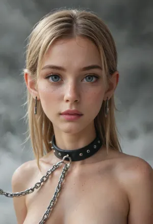 fog, (tchernobil), Blonde 19 years old, tatoo on shoulder, (freckle on the cheekbones 1.5), ((teenager 1.8)), athletic body, rounded buttocks, (((skinny))), arched, very very petite, makeup, (earing loop), collar, ((large link)), ((metal chain leash)), ((pink lip gloss)), (monochrome:1.5), (big natural breasts), 4ng3l, face, Maya, <lora:SDXL_BetterFaces-LoRA_v1:.8>, <lora:469839_training_data:1.2>, <lora:Ann7:1.7>