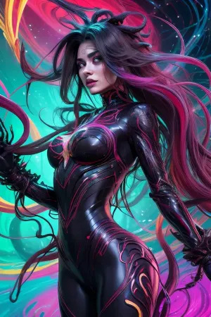 arafed image of a woman with a very long hair, chaotic swirling ferrofluids, colorful, sculpted out of candy, human bodies intertwined, scribbled lines, surrender, polychromatic, anthropomorphic, humanoid, aesthetic, diffuse subsurface scattering, #©KITTYART

























#©KITTYART