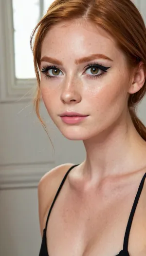 La beauté éclatante de l'étudiante aux cheveux de gingembre

- Oui.

L'IA a généré l'image d'un étudiant de 21 ans aux cheveux gingembre. La jeune femme est complètement nue, montrant son corps mince et petit avec une forme de sablier. Ses cheveux longs et droits coulent naturellement, et elle a un sourire sportif mais innocent. De grands yeux brillants complètent son joli visage. L'eyeliner noir prélongé ajoute de la profondeur à sa beauté, faisant d'elle la fille la plus mignonne de la ville.