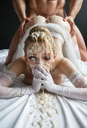 (Rolling eyes:1.6), (((hands over mouth))), (((one eye half closed:1.4))), tongue out, Blonde hair, hairbun, wedding dress, white elbow gloves, white stockings, wedding skirt lifted over ass, innocent, (cum on face:1.1), skinny body, petite, (((cum dripping from forehead))), excessive cum on hair, (cum on clothes), cum covered face, excessive cum on ass, cum in mouth, cum on chin, cum in eyes, (((low diagonal view))), (((fucked from behind:1.6))), bedroom background, (((face down ass up))), laying on bed, 3/4 view