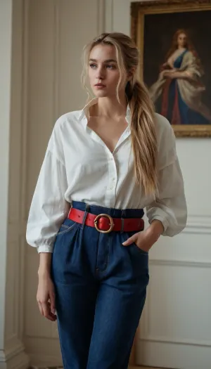 dark blue baggy paperbag slouchy jeans, very long hair, red belt, palace, slouchy style, ponytail, blonde hair, white blouse