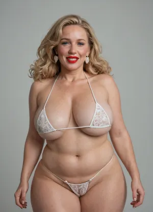 sexy and hot mature milf, 45 years old Swedish hotwife, blonde, long wave hair, chubby, humongous mature saggy tits, large body, red lipstick, nasolabial folds, Cupid’s bow lips, open panting mouth, incisor teeth, freckles, heart shapedface, trimmed hairy pussy, huge sloppy pussy, long labias, ((thight bikini))