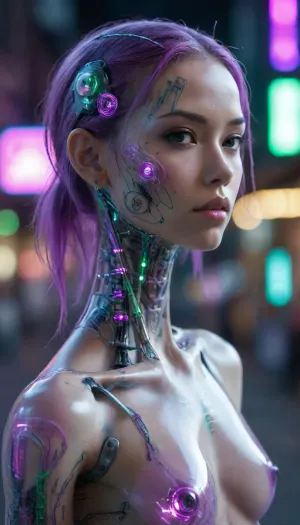 full-body portrait, ((Asian cyborg girl with transparent skull with visible wires and plasma inside her skull:.8)), human face with many scars looking to the side, robotic skeleton with pink lights and green lights, many tattoos, show robotic feet with purple lights, walking in cyberpunk street, <lora:PAseer-SDXL-Transparent Robot:.5>