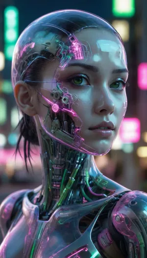 ((Asian cyborg girl with transparent skull with visible wires and plasma inside her skull:.8)), human face with many scars looking to the side, robotic skeleton with pink lights and green lights, walking on cyberpunk street, <lora:PAseer-SDXL-Transparent Robot:.5>