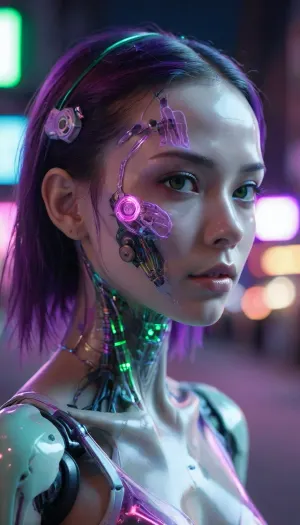 ((Asian cyborg girl with transparent skull with visible wires and plasma inside her skull:.8)), human face with many scars looking to the side, robotic skeleton with pink lights and green lights, walking on cyberpunk street with purple feet lights, <lora:PAseer-SDXL-Transparent Robot:.5>