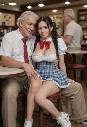 shy innocent small bimbo slender woman, high pigtails, long hair, black hair, girl, innocent, 20 years old, big breast, sitting on chair from cafe, sunny day, (((covered tits from top))), small ass, puffy sleeves embroidery top, petticoat skirt, white sneakers, shiny skin, perfect skin, ruffled trim, hoop earrings, green eyes, bows in hair, 3/4 view, tartan pattern, close up upper body, (((old people in background))), sits forward on dressed old man lap, touching her legs, happy face