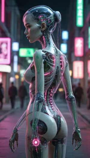 zoomed out full body portrait, ((Asian cyborg girl with transparent skull with visible wires and red plasma inside her skull:.8)), human face with many scars looking to the side, robotic skeleton with pink lights and green lights, walking on cyberpunk street, show robotic feet, show ass looking back, <lora:PAseer-SDXL-Transparent Robot:.5>