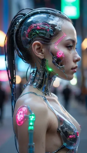 zoomed out full body portrait, ((Asian cyborg girl with partial transparent skull with visible wires and red plasma inside her skull, with long platinum wires coming from back of head:1)), human face with many scars looking to the side, robotic skeleton with pink lights and green lights and blue lights, walking on cyberpunk street showing robotic feet, show robotic feet with lights under feet, <lora:PAseer-SDXL-Transparent Robot:.5>