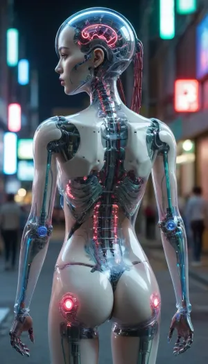 zoomed out full body portrait, ((Asian cyborg girl with partial transparent skull with visible wires and red plasma inside her skull, with long platinum wires coming from back of head:1)), human face with many scars looking to the side, robotic skeleton with pink lights and green lights and blue lights, walking on cyberpunk street showing robotic feet, show robotic feet with lights under feet, <lora:PAseer-SDXL-Transparent Robot:.5>