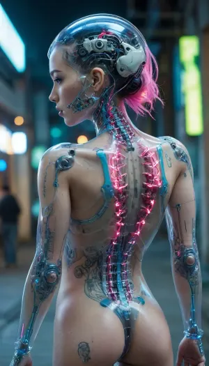 zoomed out full body portrait, ((Asian cyborg girl with partial transparent skull with visible wires and red plasma inside her skull, with long platinum wires coming from back of head:1)), human face with many scars looking to the side, robotic skeleton with pink lights and green lights and blue lights, many tattoos, walking on cyberpunk street showing robotic feet, show robotic feet with lights under feet, <lora:PAseer-SDXL-Transparent Robot:.5>