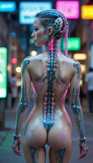 zoomed out full body portrait, ((Asian cyborg girl with partial transparent skull with visible wires and red plasma inside her skull, with long platinum wires coming from back of head:1)), human face with many scars looking to the side, robotic skeleton with pink lights and green lights and blue lights, many tattoos, walking on cyberpunk street showing robotic feet, show robotic feet with lights under feet, <lora:PAseer-SDXL-Transparent Robot:.5>
